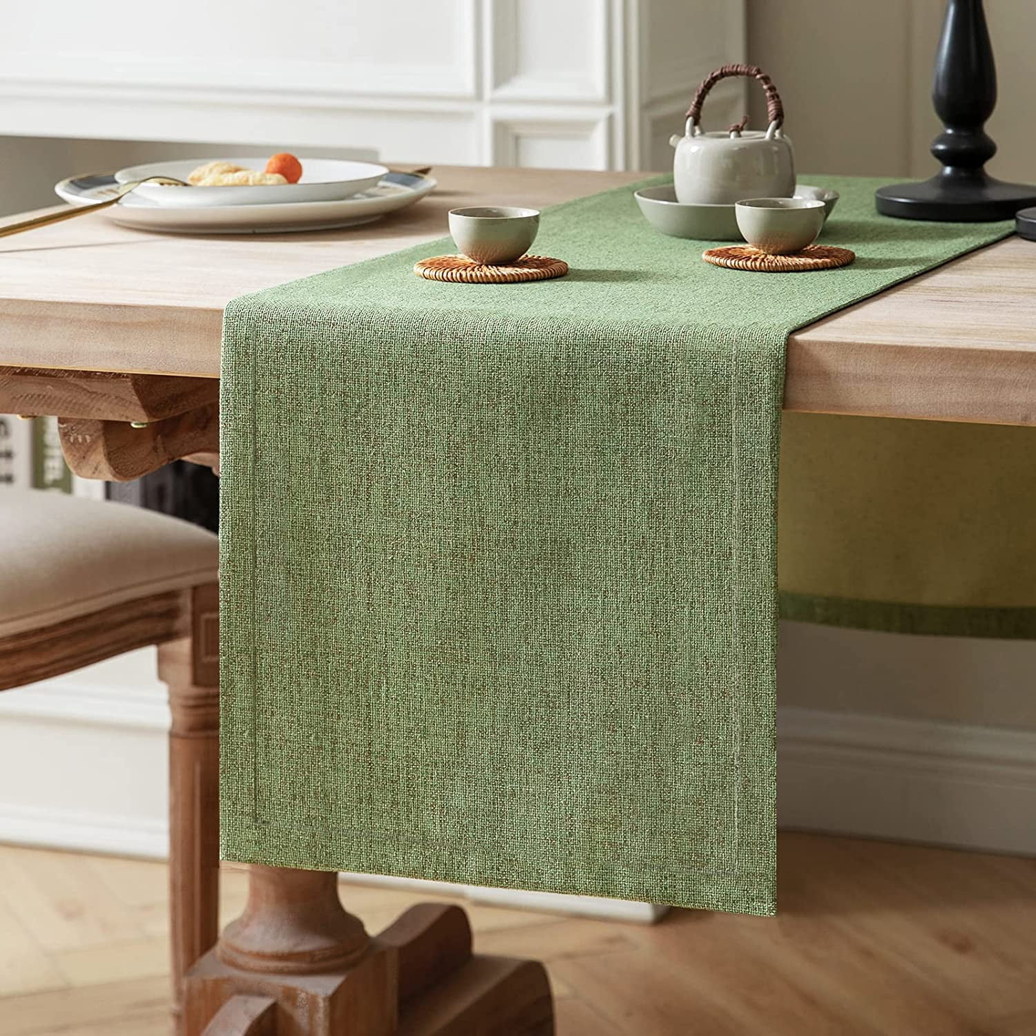 Burlap Style Farmhouse Table Runners 90 Inches Long, Green Rustic Woven ...
