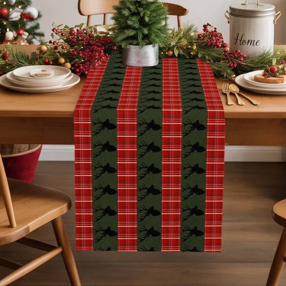 Burlap Table Runner 108 Inches Long,Reindeer on Dark Green Background Non-Slip Kitchen Table Runners for Dining Room Everyday Use Party Table Decorations Red Striped