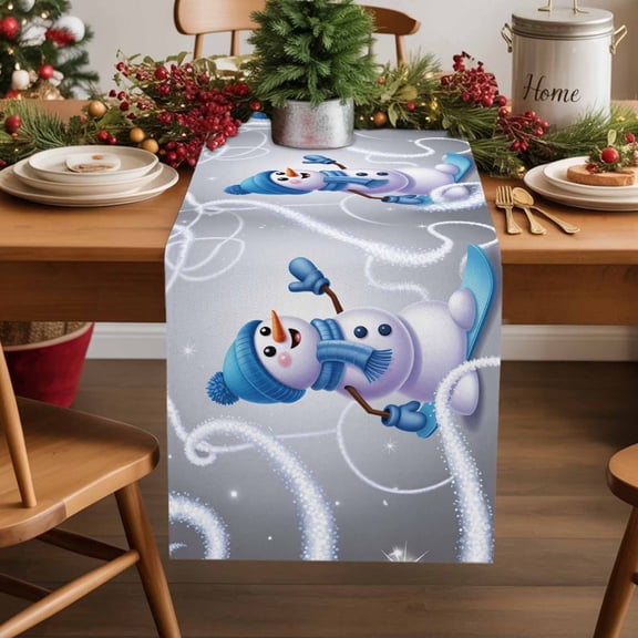 Burlap Table Runner 108 Inches Long,Winter Cartoon Snowman Non-Slip Kitchen Table Runners for Dining Room Everyday Use Party Table Decorations Gray and Blue