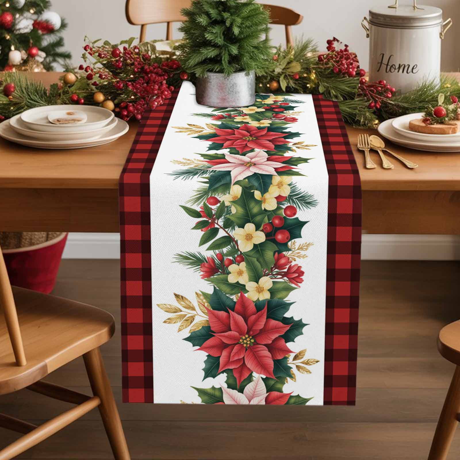Burlap Table Runner 108 Inches Long,Winter Christmas Holly Leaf Non ...