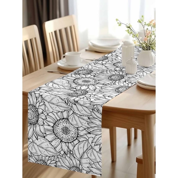 Burlap Table Runner 120 Inches Long, Abstract Black Lines Sunflowers Non-Slip Kitchen Table Runners for Dining Room Everyday Use Party Table Decorations Garden Blooming Floral