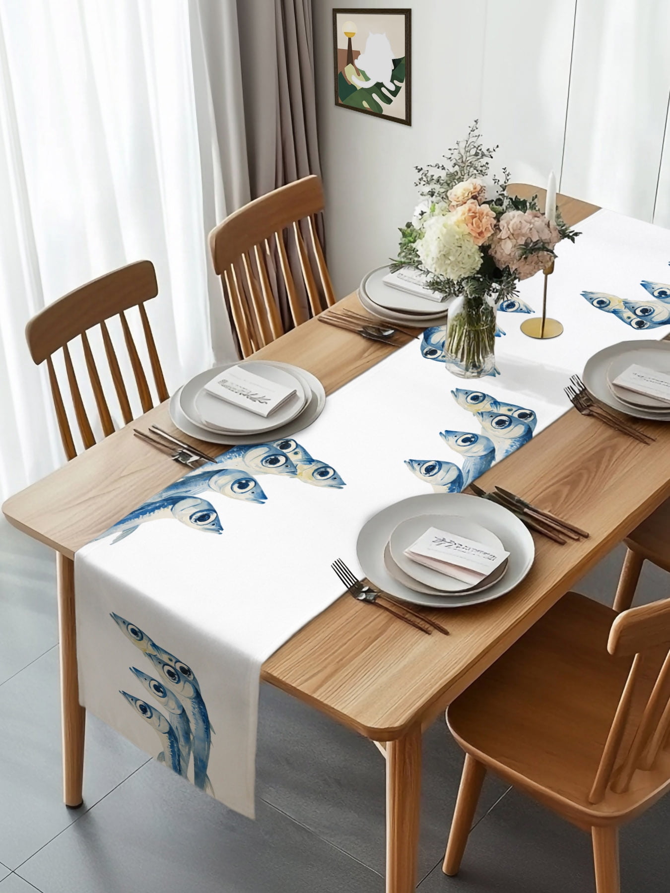 Burlap Table Runner 120 Inches Long, Abstract Blue Ocean Fish Non-Slip ...