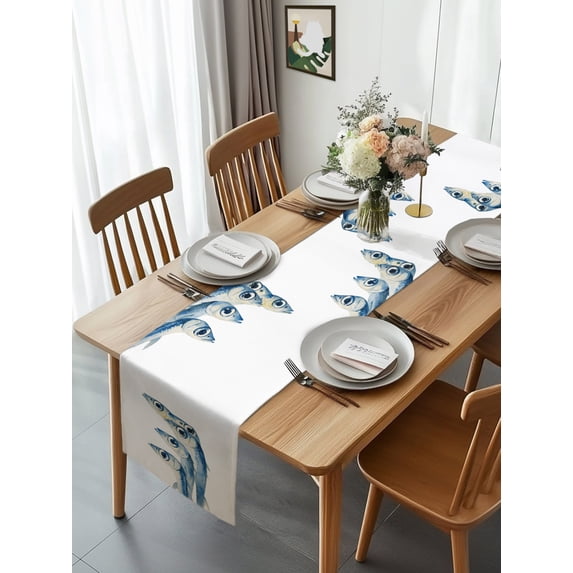 Burlap Table Runner 120 Inches Long, Abstract Blue Ocean Fish Non-Slip ...