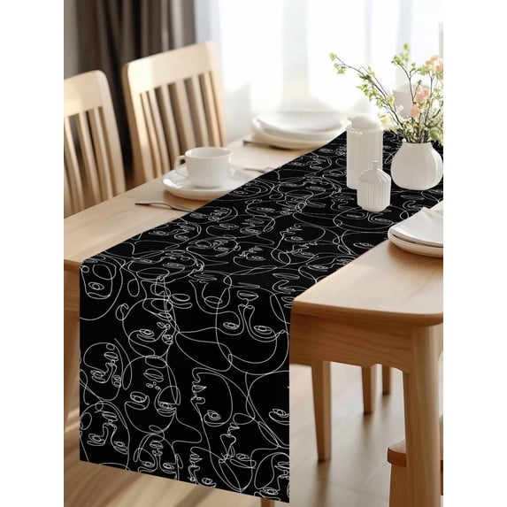 Burlap Table Runner 120 Inches Long, Abstract Character Face Modern Line Arts Non-Slip Kitchen Table Runners for Dining Room Everyday Use Party Table Decorations Black White