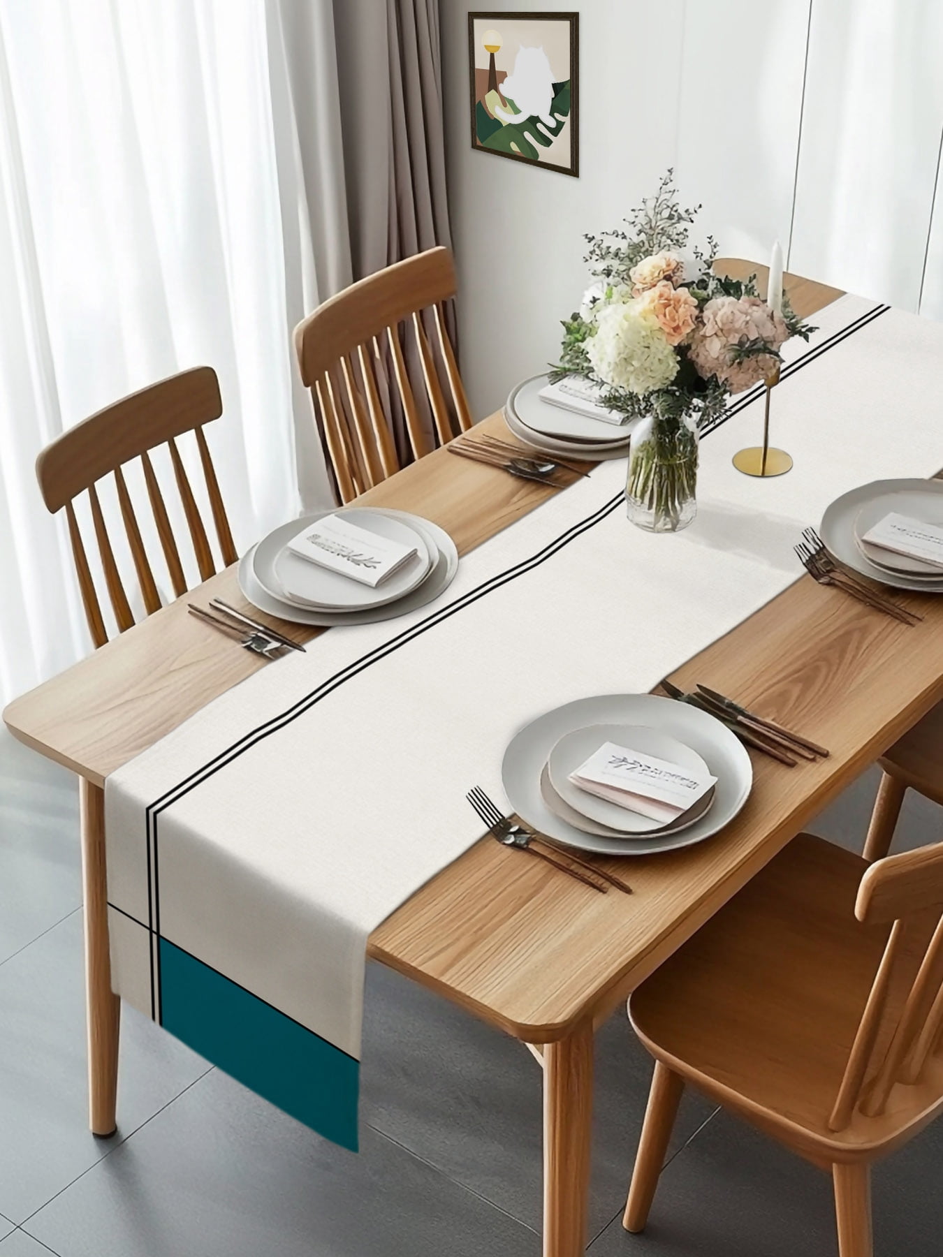 Burlap Table Runner 120 Inches Long, Abstract Teal White Color Blocks ...