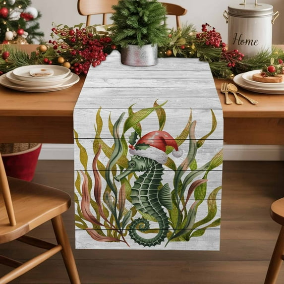 Burlap Table Runner 120 Inches Long,Christmas Funny Santa Sea Horse Seaweed Non-Slip Kitchen Table Runners for Dining Room Everyday Use Party Table Decorations Vintage Wood Grain