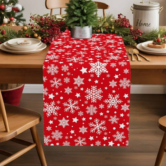 Burlap Table Runner 120 Inches Long,Christmas Winter Snowflakes Non-Slip Kitchen Table Runners for Dining Room Everyday Use Party Table Decorations Red White