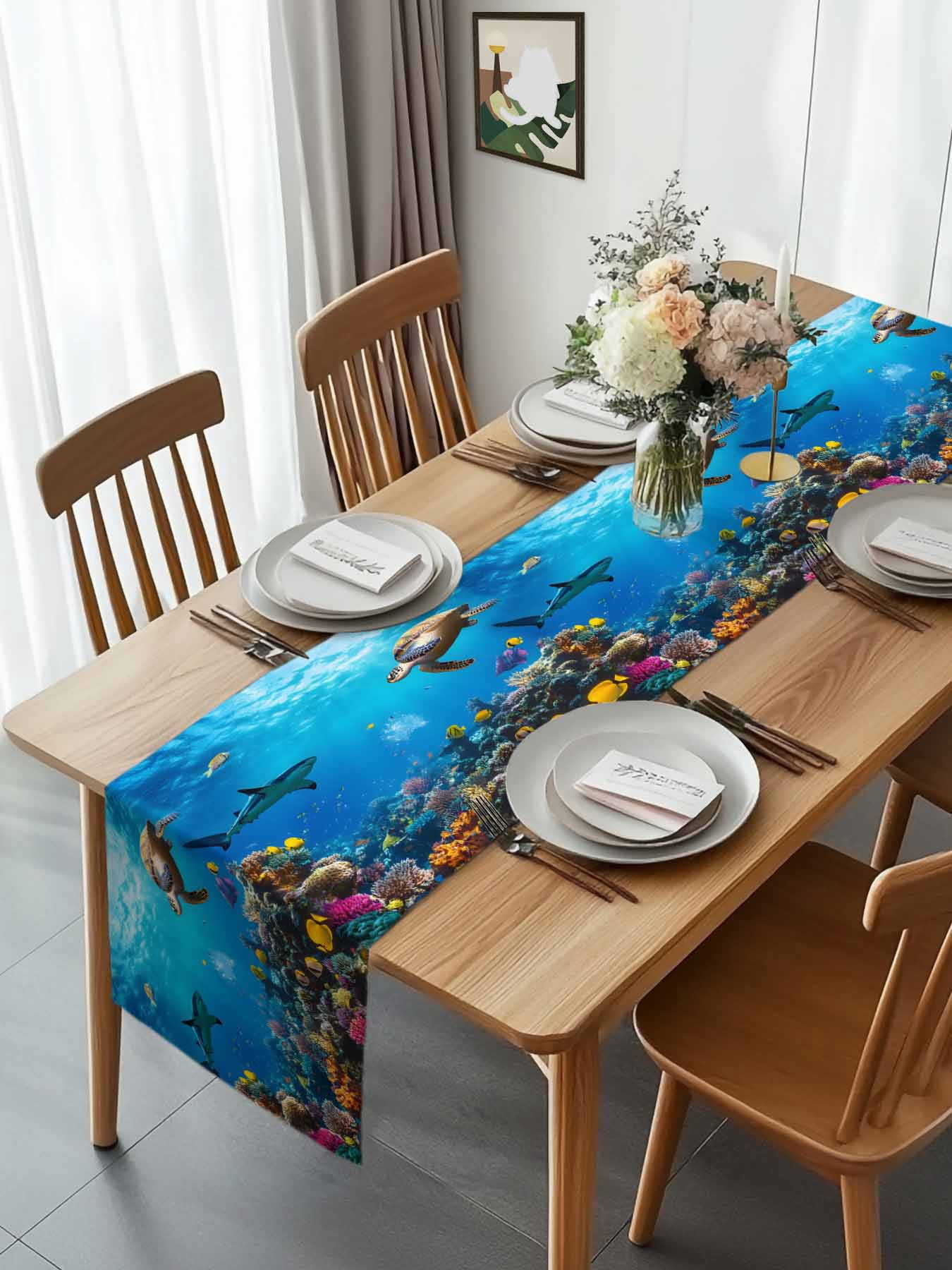 Burlap Table Runner 120 Inches Long, Coastal Ocean Turtle Shark Fish ...