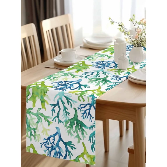 Burlap Table Runner 120 Inches Long, Coastal Ombre Blue Green Coral Non-Slip Kitchen Table Runners for Dining Room Everyday Use Party Table Decorations Abstract Marine Plant