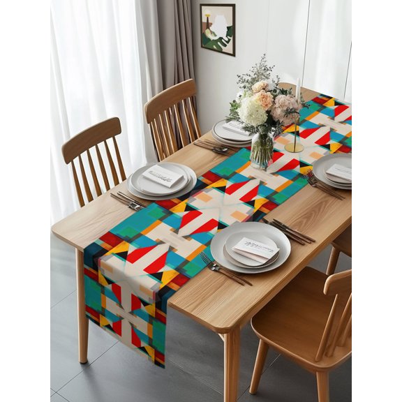 Burlap Table Runner 120 Inches Long, Color Block Overlay Colorful Non-Slip Kitchen Table Runners for Dining Room Everyday Use Party Table Decorations Modern Minimalist Abstract Art Color