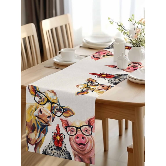 Burlap Table Runner 120 Inches Long, Farm Animals Cow Chicken Pig Non-Slip Kitchen Table Runners for Dining Room Everyday Use Party Table Decorations Abstract Trio in Glasses