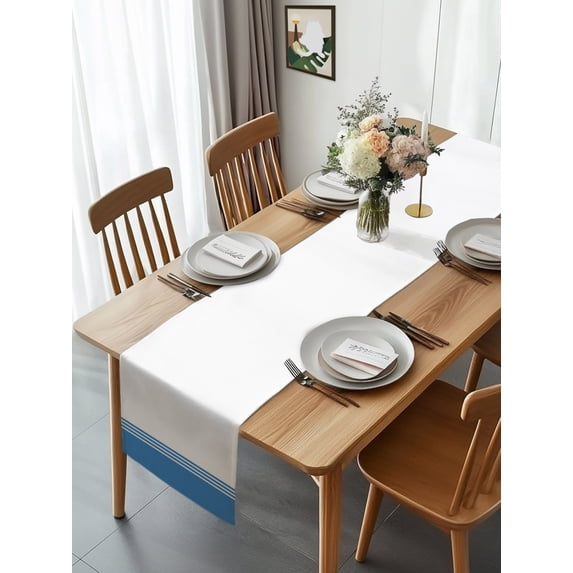 Burlap Table Runner 120 Inches Long, Farmhouse Classic Geometric Blue ...