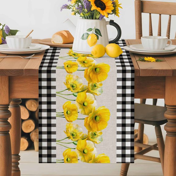 Burlap Table Runner 120 Inches Long, Farmhouse Yellow Poppies Non-Slip Kitchen Table Runners for Dining Room Everyday Use Party Table Decorations Black White Plaid