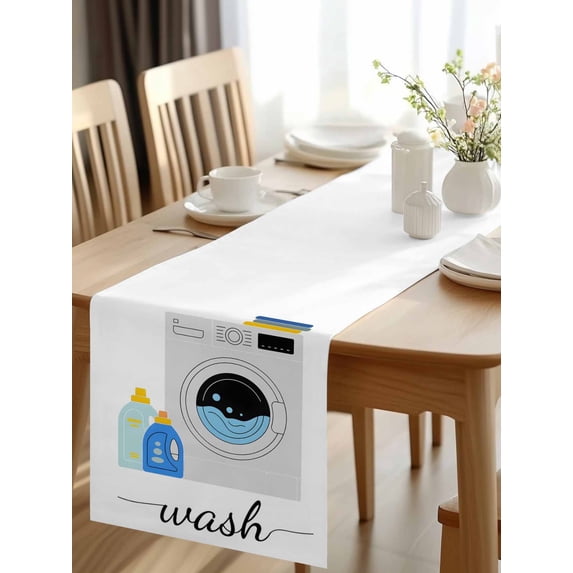 Burlap Table Runner 120 Inches Long, Laundry Room Minimalist Non-Slip Kitchen Table Runners for Dining Room Everyday Use Party Table Decorations Cartoon Washing Machine
