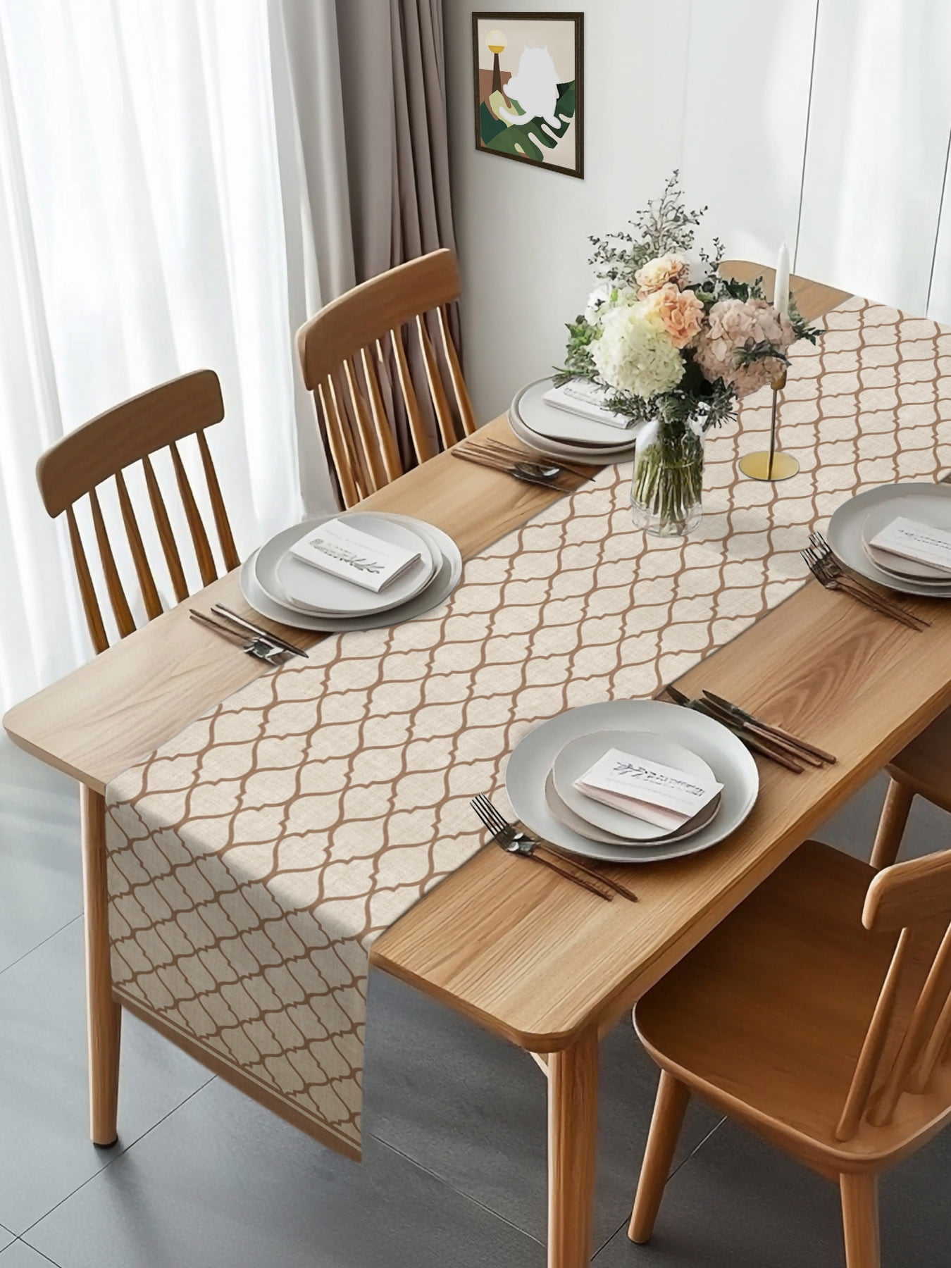 Burlap Table Runner 120 Inches Long, Moroccan Tile Print Pattern Non ...