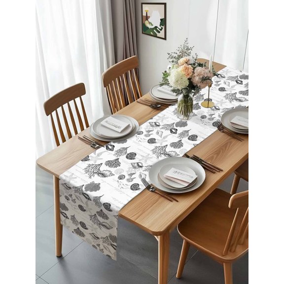 Burlap Table Runner 120 Inches Long, Ocean Grey Shell Coral Starfish Non-Slip Kitchen Table Runners for Dining Room Everyday Use Party Table Decorations Abstract Marine Life