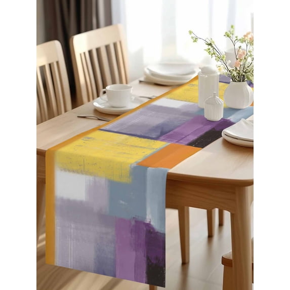 Burlap Table Runner 120 Inches Long, Orange Oil Painting Gradient Abstract Geometric Non-Slip Kitchen Table Runners for Dining Room Everyday Use Table Decorations Purple Color Blocks Watercolor Art