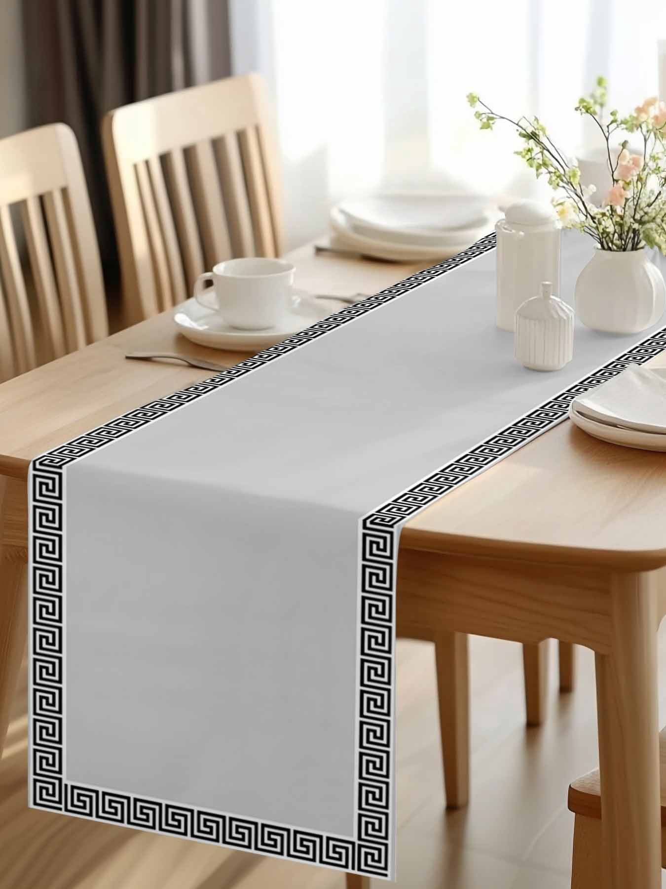 Burlap Table Runner 120 Inches Long, Simplistic Greek Geometric Black ...