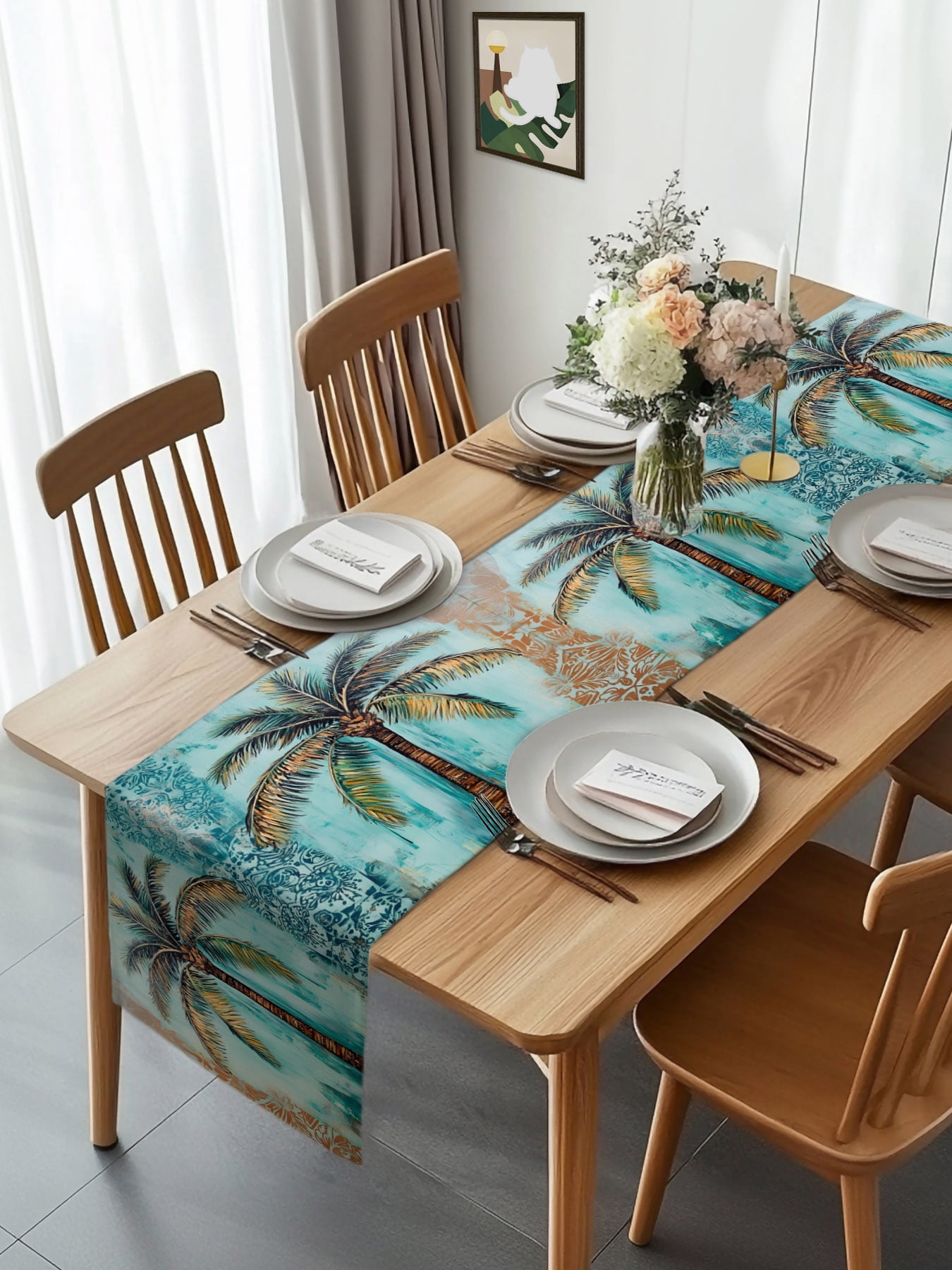 Burlap Table Runner 120 Inches Long, Summer Abstract Coconut Tree Non ...
