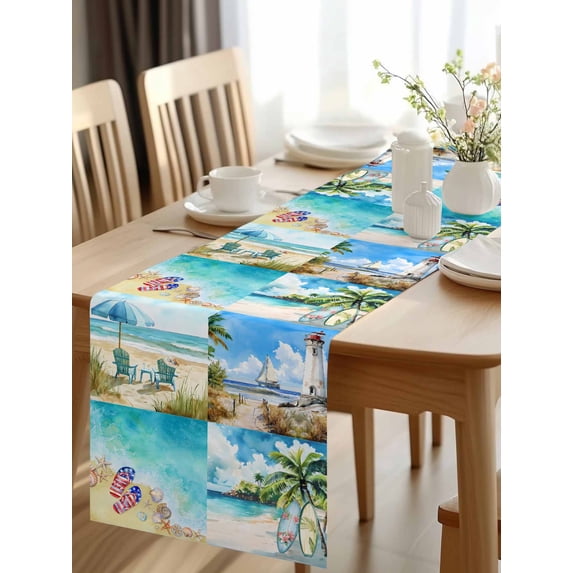 Burlap Table Runner 120 Inches Long, Summer Beach Lighthouse Sailing Non-Slip Kitchen Table Runners for Dining Room Everyday Use Party Table Decorations Retro Coconut Trees