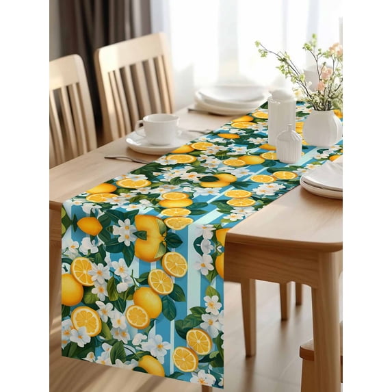 Burlap Table Runner 120 Inches Long, Summer Lemon Flowers Non-Slip Kitchen Table Runners for Dining Room Everyday Use Party Table Decorations Retro Green Blue Stripes