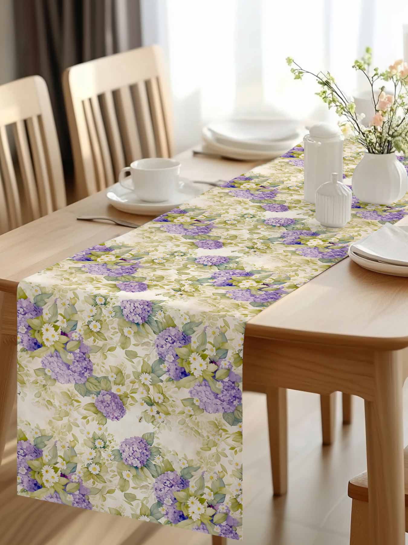 Burlap Table Runner 120 Inches Long, Summer Purple Flower Hydrangea Non ...