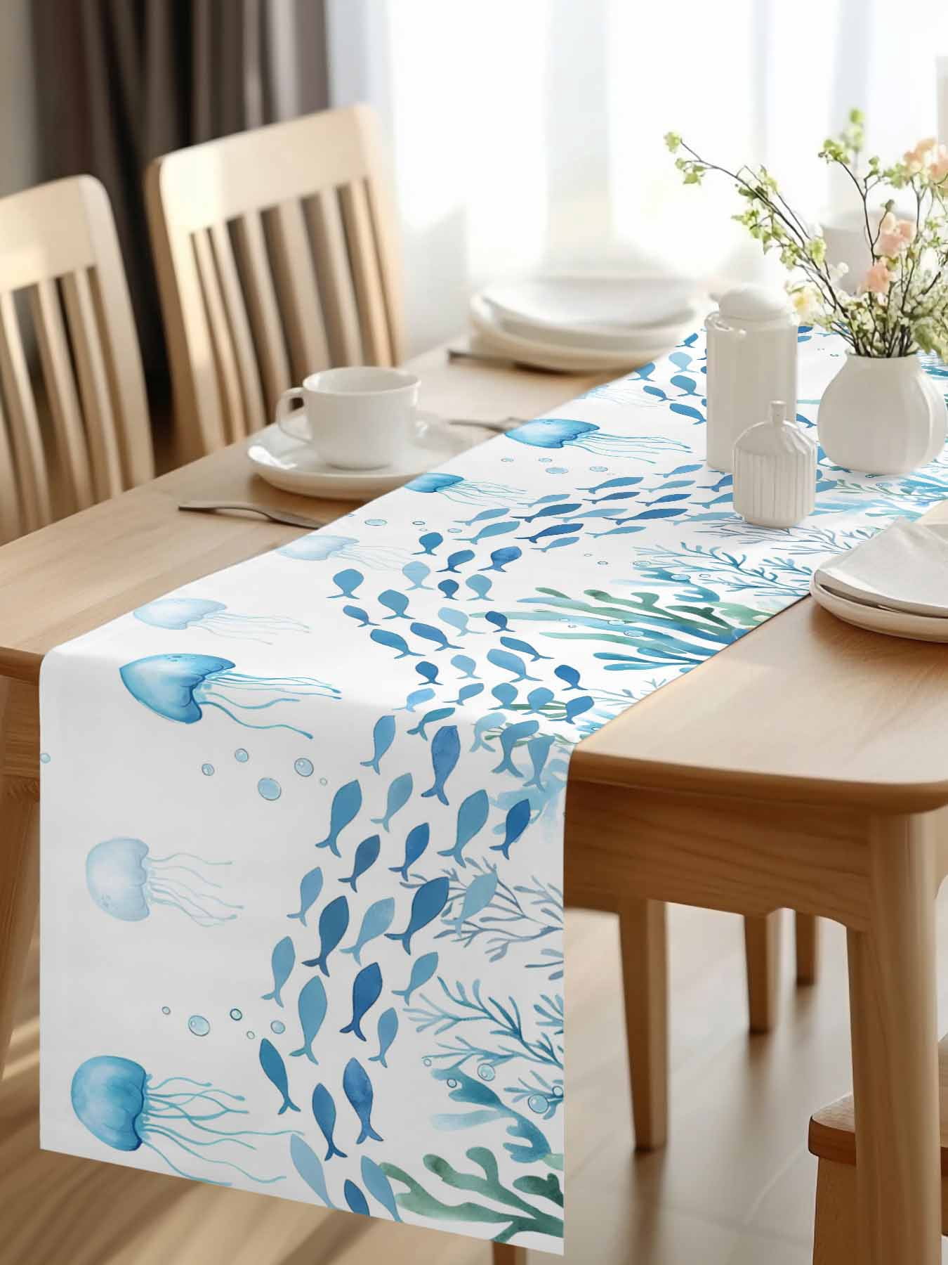 Burlap Table Runner 120 Inches Long, Underwater Life Octopus Fish ...
