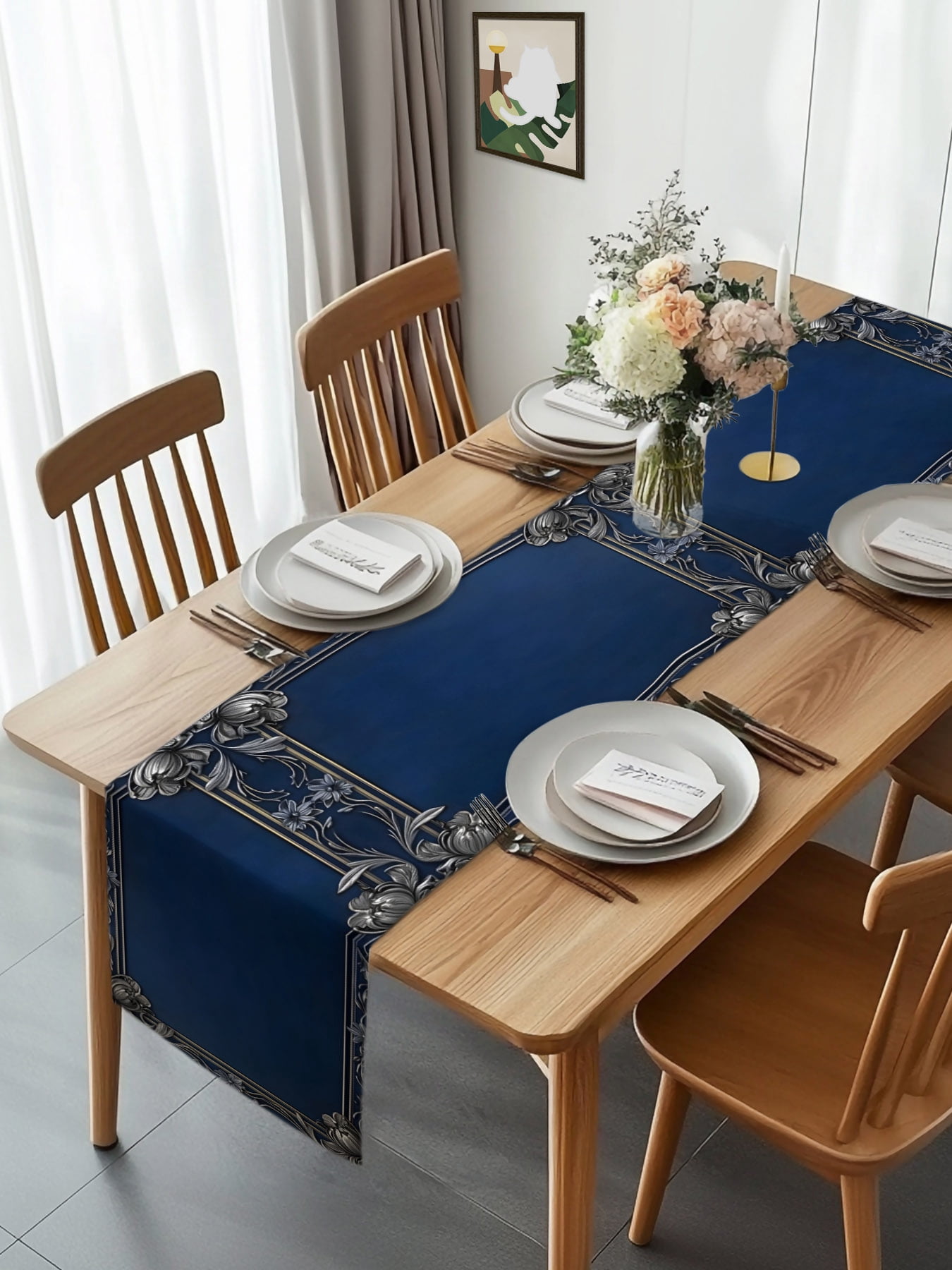 Burlap Table Runner 120 Inches Long, Vintage Dark Blue Grey Floral Non ...