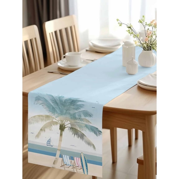 Burlap Table Runner 120 Inches Long, Watercolor Ocean Beach Palm Tree Non-Slip Kitchen Table Runners for Dining Room Everyday Use Party Table Decorations Sailboat Lounge Chair Bird