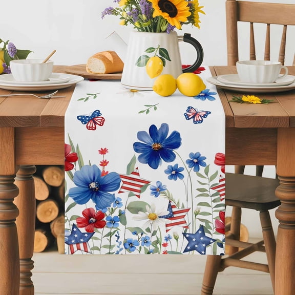 Burlap Table Runner 36 Inches Long,4th of July Blue Red Flower Butterfly Non-Slip Kitchen Table Runners for Dining Room Everyday Use Party Table Decorations USA Flag Star