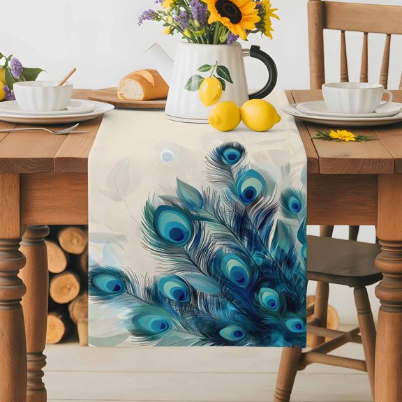 Burlap Table Runner 36 Inches Long,Abstract Animal Art Peacock Feather Non-Slip Kitchen Table Runners for Dining Room Everyday Use Party Table Decorations Watercolor Blue Eyes Beige