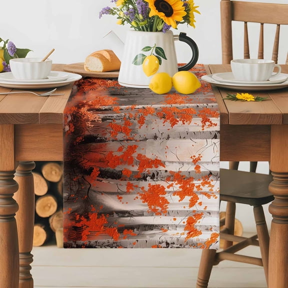 Burlap Table Runner 36 Inches Long,Abstract Autumn Birch Forest Trees Non-Slip Kitchen Table Runners for Dining Room Everyday Use Party Table Decorations Nature Oil Painting Style