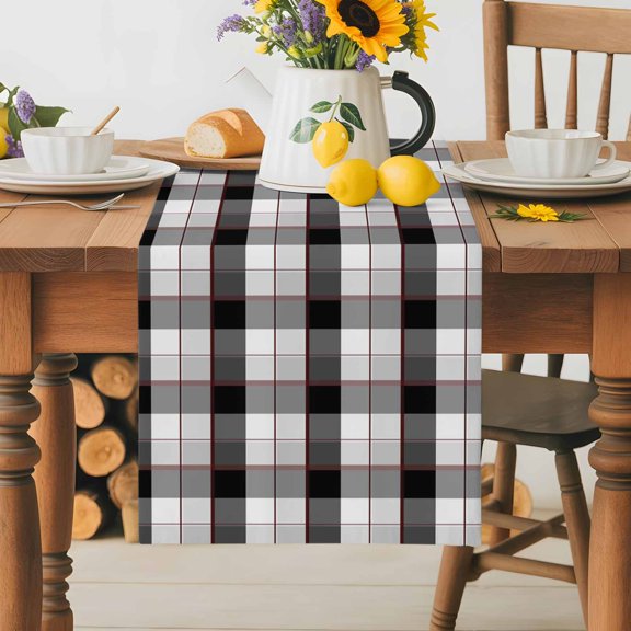 Burlap Table Runner 36 Inches Long, Abstract Black Gray White Checker Non-Slip Kitchen Table Runners for Dining Room Everyday Use Party Table Decorations Modern Retro Buffalo Plaid