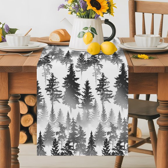 Burlap Table Runner 36 Inches Long, Abstract Black Tree Forests Non-Slip Kitchen Table Runners for Dining Room Everyday Use Party Table Decorations Modern Nature Scenery