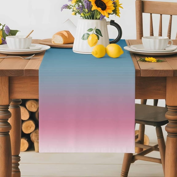 Burlap Table Runner 36 Inches Long, Abstract Blue and Pink Ombre Non-Slip Kitchen Table Runners for Dining Room Everyday Use Party Table Decorations Geometric Stripe Modern Art