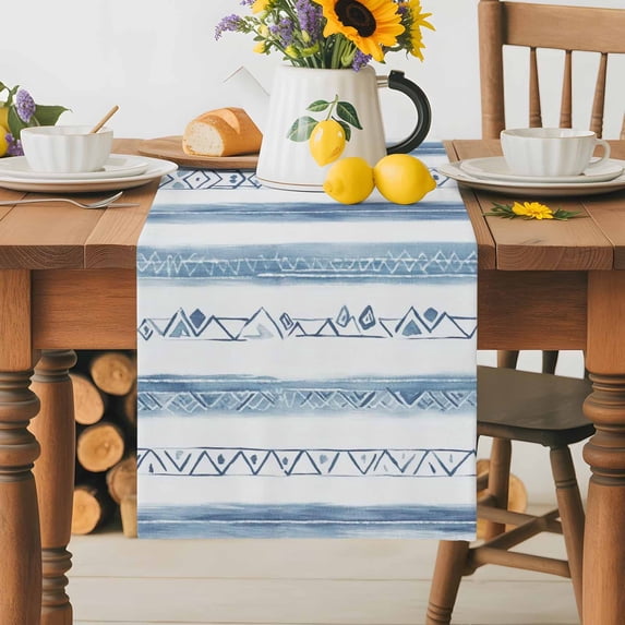 Burlap Table Runner 36 Inches Long, Abstract Blue Tribal Geometric Non-Slip Kitchen Table Runners for Dining Room Everyday Use Party Table Decorations Retro Traditional Ethnic Texture