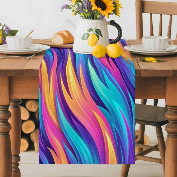 Burlap Table Runner 36 Inches Long, Abstract Blue Yellow Vortex Stripe Non-Slip Kitchen Table Runners for Dining Room Everyday Use Party Table Decorations Modern Street Art