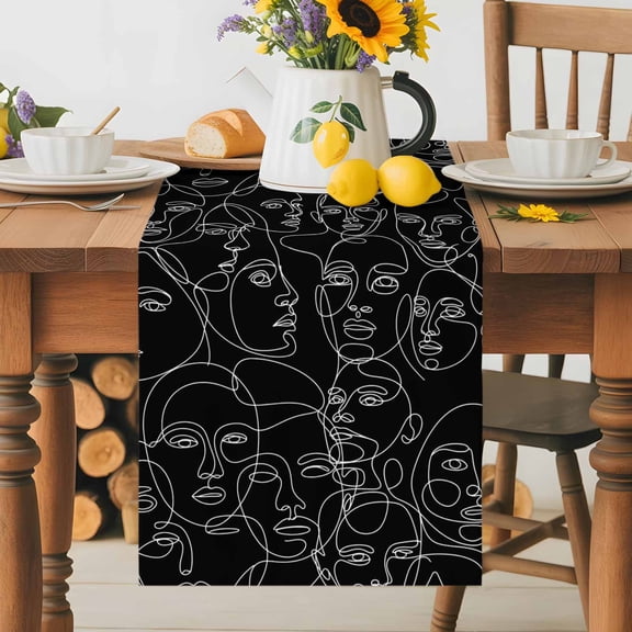Burlap Table Runner 36 Inches Long, Abstract Character Face Modern Line Arts Non-Slip Kitchen Table Runners for Dining Room Everyday Use Party Table Decorations Black White