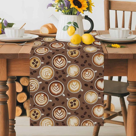 Burlap Table Runner 36 Inches Long, Abstract Coffee Cups Non-Slip Kitchen Table Runners for Dining Room Everyday Use Party Table Decorations Latte Art on Brown Background