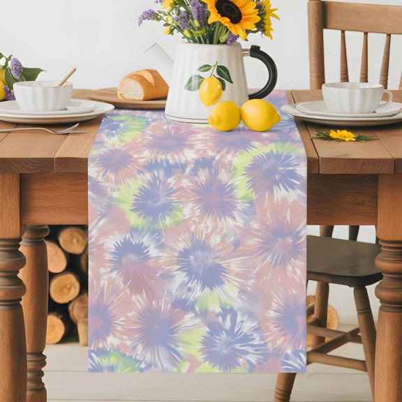 Burlap Table Runner 36 Inches Long, Abstract Colorful Tie Dye Pattern Non-Slip Kitchen Table Runners for Dining Room Everyday Use Party Table Decorations Seamless Ethnic Floral Swirl Art