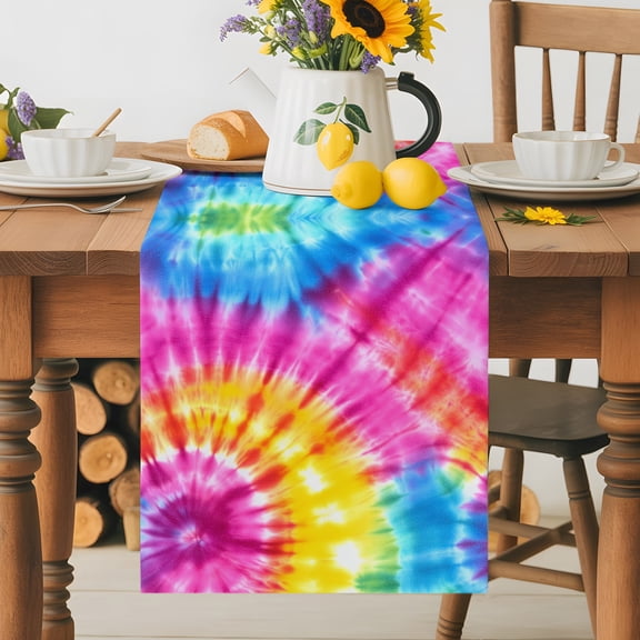 Burlap Table Runner 36 Inches Long, Abstract Colorful Tie-dye Texture Non-Slip Kitchen Table Runners for Dining Room Everyday Use Party Table Decorations Rainbow Color Ombre Art