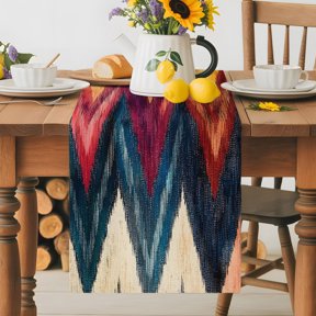 Burlap Table Runner 36 Inches Long, Abstract Colorful Zigzag Striped Non-Slip Kitchen Table Runners for Dining Room Everyday Use Party Table Decorations Modern Geometric Art