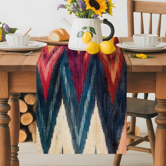 Burlap Table Runner 36 Inches Long, Abstract Colorful Zigzag Striped Non-Slip Kitchen Table Runners for Dining Room Everyday Use Party Table Decorations Modern Geometric Art