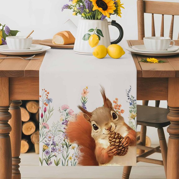 Burlap Table Runner 36 Inches Long, Abstract Country Herb Squirrel Non-Slip Kitchen Table Runners for Dining Room Everyday Use Party Table Decorations Cute Animal Plant