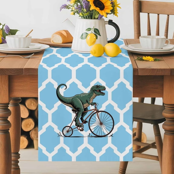 Burlap Table Runner 36 Inches Long, Abstract Dinosaurs Riding Bicycle Non-Slip Kitchen Table Runners for Dining Room Everyday Use Party Table Decorations Blue Moroccan Pattern