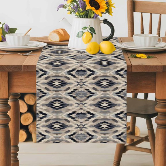 Burlap Table Runner 36 Inches Long, Abstract Ethnic Graphic Line Art Non-Slip Kitchen Table Runners for Dining Room Everyday Use Party Table Decorations Tribal Geometric Rhombus Lattice