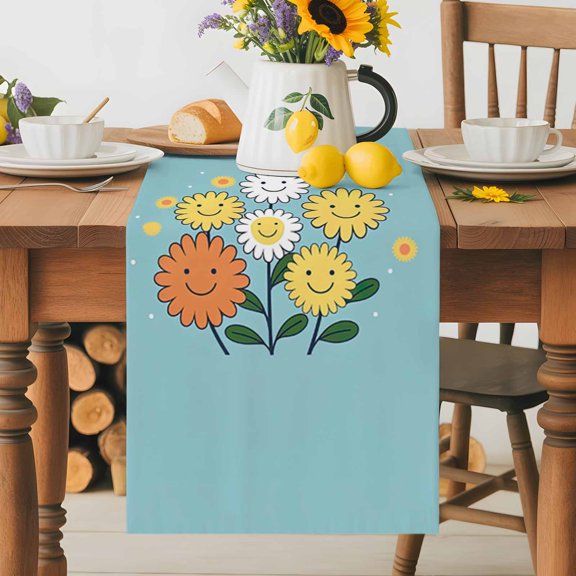 Burlap Table Runner 36 Inches Long, Abstract Flower Sketch Smile Face Non-Slip Kitchen Table Runners for Dining Room Everyday Use Party Table Decorations Floral Texture Polka Dot on Teal