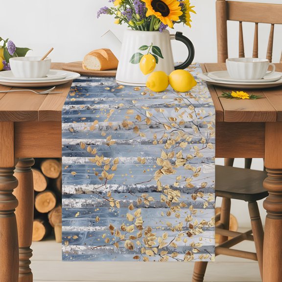 Burlap Table Runner 36 Inches Long, Abstract Forest Birch Tree Gold Leaves Non-Slip Kitchen Table Runners for Dining Room Everyday Use Party Table Decorations Landscape