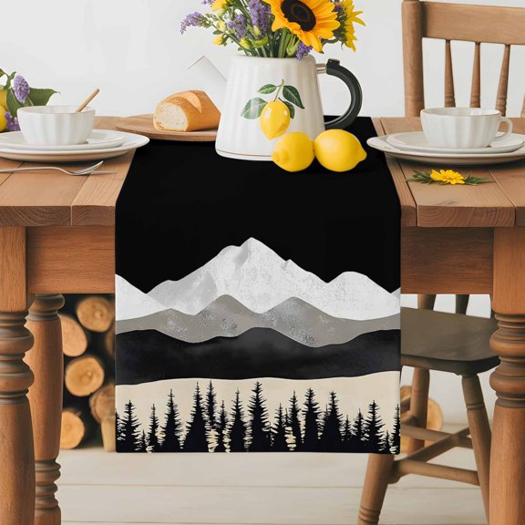 Burlap Table Runner 36 Inches Long,Abstract Forest Mountain Pine Tree Non-Slip Kitchen Table Runners for Dining Room Everyday Use Party Table Decorations Retro Peaks Landscape