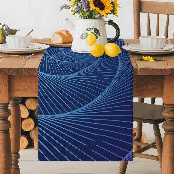 Burlap Table Runner 36 Inches Long, Abstract Geometric Stripes Non-Slip Kitchen Table Runners for Dining Room Everyday Use Party Table Decorations Modern Helix Lines Blue